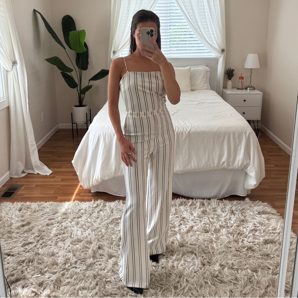 Mind Code White Jumpsuit with Black Vertical Stripes